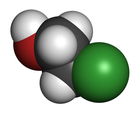 Ethylene chlorohydrin molecule. Side product formed during ethylene oxide sterilization. 3D rendering. Atoms are represented as spheres with conventional color coding.