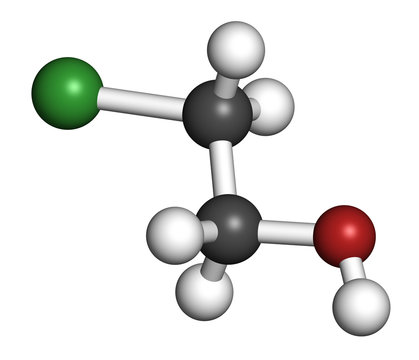 Ethylene chlorohydrin molecule. Side product formed during ethylene oxide sterilization. 3D rendering. Atoms are represented as spheres with conventional color coding.