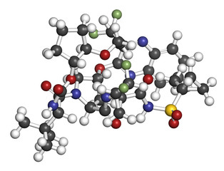Glecaprevir hepatitis C virus drug molecule. 3D rendering. Atoms are represented as spheres with conventional color coding.