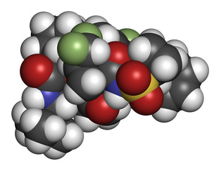 Glecaprevir hepatitis C virus drug molecule. 3D rendering. Atoms are represented as spheres with conventional color coding.