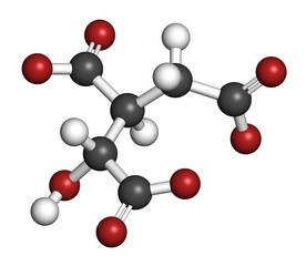 Obraz premium Isocitric acid molecule. 3D rendering. Atoms are represented as spheres with conventional color coding: hydrogen (white), carbon (grey), oxygen (red).
