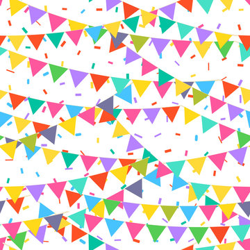 Seamless pattern with colorful flags. Vector pattern with bunting on white background. Holiday background for web design, greeting card and party decoration. © bbgreg