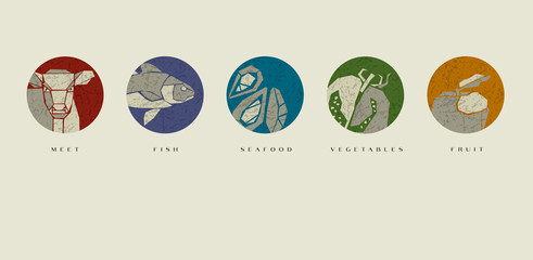 Concept geometry style food icon vector illustration. Meat vegetable and seafood pictograms for restaurant menu.