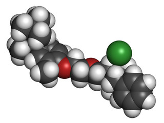 Methylbenzethonium chloride antiseptic molecule. 3D rendering. Atoms are represented as spheres with conventional color coding.