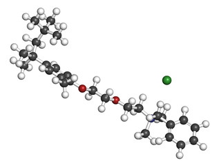 Methylbenzethonium chloride antiseptic molecule. 3D rendering. Atoms are represented as spheres with conventional color coding.