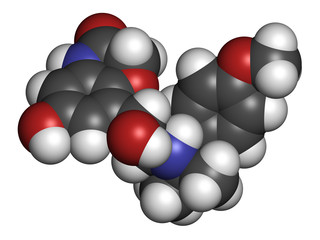 Olodaterol COPD drug molecule (ultra-LABA class). 3D rendering. Atoms are represented as spheres with conventional color coding: hydrogen (white), carbon (grey), nitrogen (blue), oxygen (red).