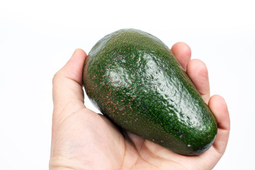 Whole green avocado in the hand over white background