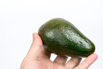 Whole green avocado in the hand over white background