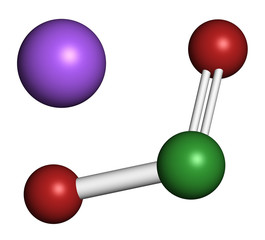 Sodium chlorite, chemical structure.  3D rendering. Atoms are represented as spheres with conventional color coding.