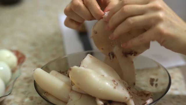 Cleaning boiled squid salad seafood