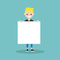 Young smiling blond boy holding a blank board mock up / Copy space. Your text here. Editable flat vector illustration, clip art