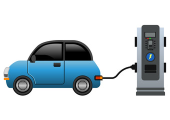 Electric mini car in a charging station. Vector Illustration