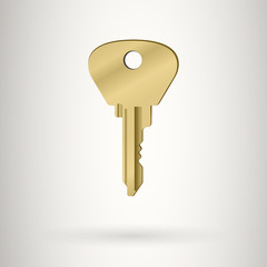 Gold metal key on a grey background.