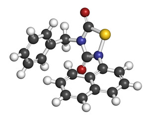 Tideglusib drug molecule (GSK-3 inhibitor). 3D rendering. Atoms are represented as spheres with conventional color coding.