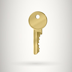 Gold metal key on a grey background.