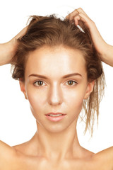Naklejka premium Beautiful girl with shiny skin. Facial and cosmetic treatments