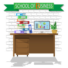 Flat design vector illustration of workspace interior with banner