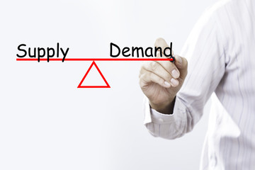 Businessman hand drawing supply and demand balance concept.