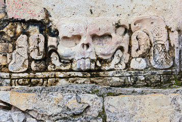 Stone skull on the ruins in the Palenque - Mexico