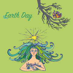 Earth Day greeting card with mother nature as beautiful woman with curly green hair and bird on tree branch. Vector Illustration