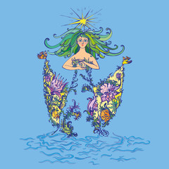 Mother nature as beautiful woman in dress of flowers with curly green hair holding lilies of the valley. Suitable for Mother Day and Earth Day pictures and cards. Vector Illustration