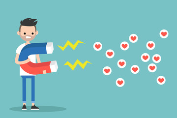 Social media marketing concept. Young bearded man attracting likes with a huge magnet / editable flat vector illustration