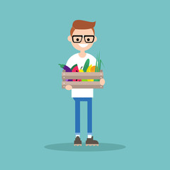 Young vegetarian nerd holding a crate full of fruits and vegetables / editable flat vector illustration, clip art