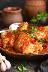 Chakhokhbili - chiken stew with garlic and cilantro (parsley) in tomato sauce.