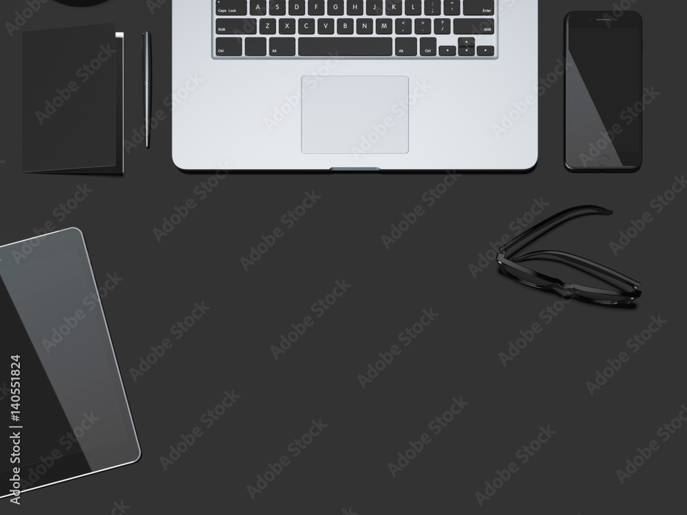 Poster black table with different office accessories. 3d rendering