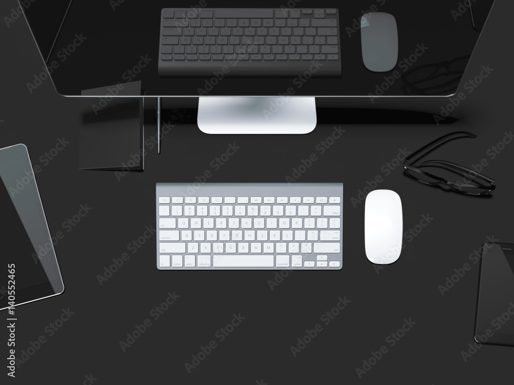 Poster black table with modern computer. 3d rendering