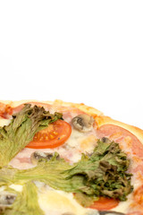 Closeup macro pizza slice with green lettuce and tomato