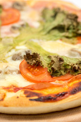 Closeup macro pizza slice with green lettuce and tomato