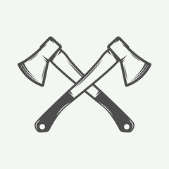 Vintage cross axes in retro style. Can be used for logo, emblem, badge, label, stamp or mark. Monochrome graphic Art. Vector Illustration.