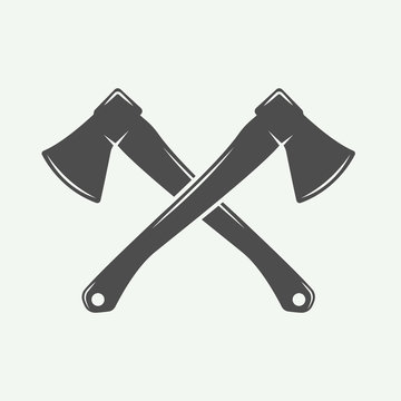 Vintage cross axes in retro style. Can be used for logo, emblem, badge, label, stamp or mark. Monochrome graphic Art. Vector Illustration.