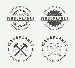 Set of vintage carpentry, woodwork and mechanic labels, badges, emblems and logo. Vector illustration. Monochrome Graphic Art.