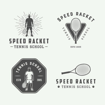 Set of vintage tennis logos, emblems, badges, labels and design elements. Vector illustration. Monochrome Graphic Art.
