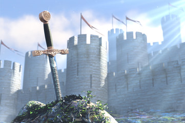 3D illustration of legend about sword in stone