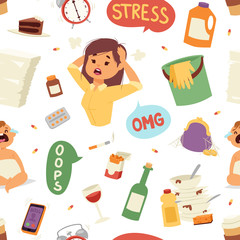 Vector illustration of funny brunette stressed woman seamless pattern vector