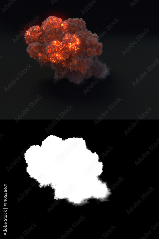 Poster explosion with black smoke in dark 3d rendering