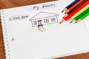 My dream own house written text and drawing on the notepad, color pencils on the table. concept of visualization future.