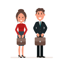 Naklejka premium Businessman and businesswoman or managers are standing with suitcases in their hands. Office workers. Flat character isolated on white background. Vector, illustration EPS10.