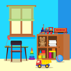 Colorful and pretty child room with a desk and chair, a closet with toys. Vector, illustration in flat style EPS10.