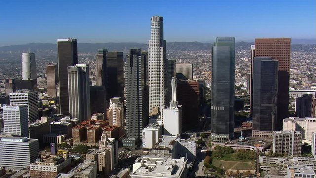 Wide orbit of Los Angeles financial district. Shot in 2008.