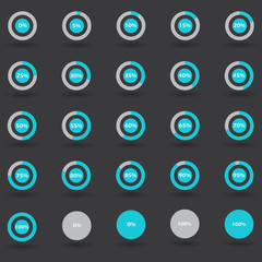 Business infographic icons elements template pie graph circle percentage turquoise chart 0 5 10 15 20 25 30 35 40 45 50 55 60 65 70 75 80 85 90 95 100 % set illustration round vector