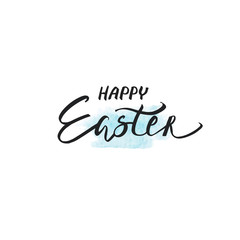 Happy Easter lettering on watercolor blue stain. Vector hand drawn illustration for greeting cards.