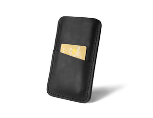 Leather case for mobile phone and credit card on white background