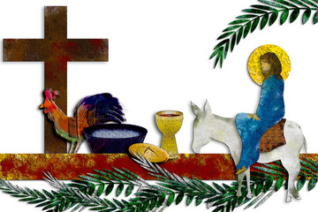 Holy week  - The passion of Jesus Christ with Entry into Jerusalem, Eucharist, washing of the feet, rooster and cross. Modern abstract textured digital illustration made without reference image.