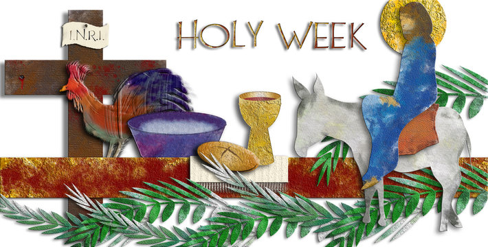 Holy week  - The passion of Jesus Christ with Entry into Jerusalem, Eucharist, washing of the feet, rooster and cross. Modern abstract textured digital illustration made without reference image.
