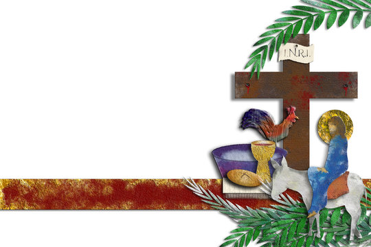 Holy week  - The passion of Jesus Christ with Entry into Jerusalem, Eucharist, washing of the feet, rooster and cross. Modern abstract textured digital illustration made without reference image.
