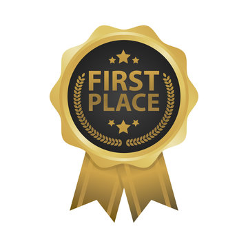 First place win gold badges vector illustration